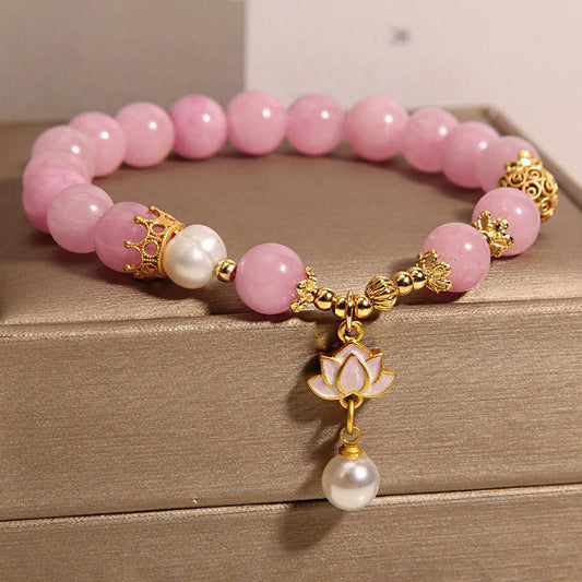 Buddha Stones Pink Jade Pearl Lotus Charm Harmony Bracelet (8mm)
