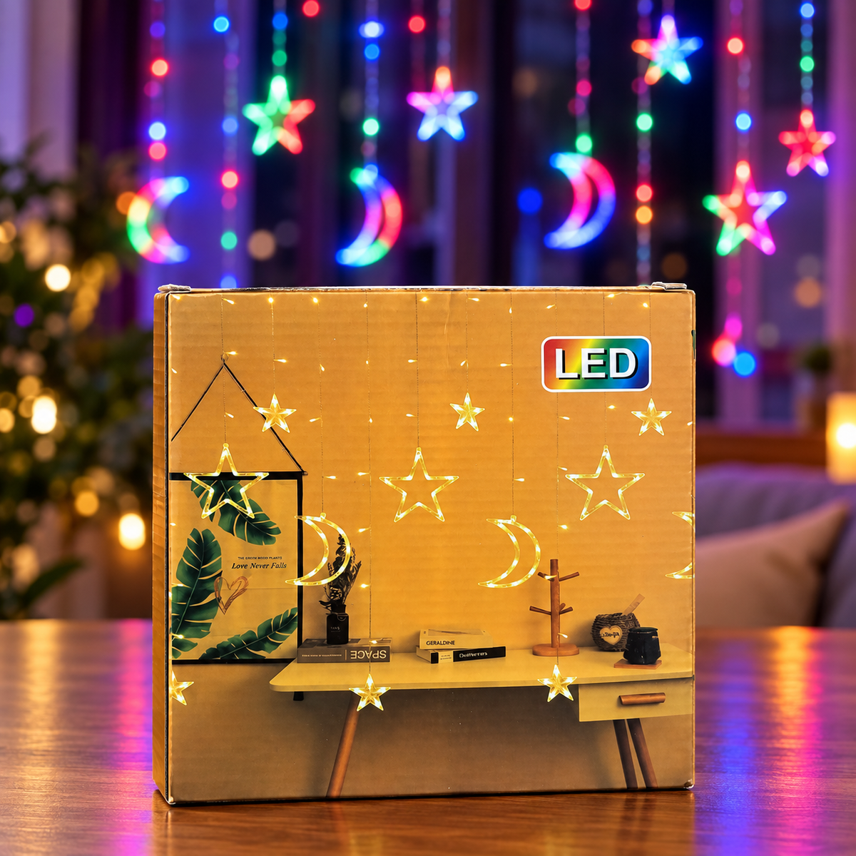 Decorative LED Curtain String Lights – Moon & Star Combined Design | RGB & Warm Yellow