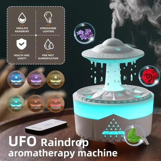 White UFO Rain Humidifier, 7-Color LED Aroma Diffuser + Remote Control