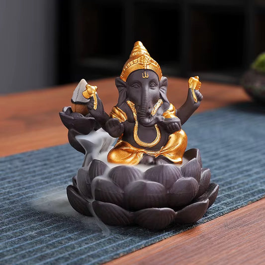 Ceramic Lord Ganesh Back Flow Incense Holder + 10 Free Incense Cones