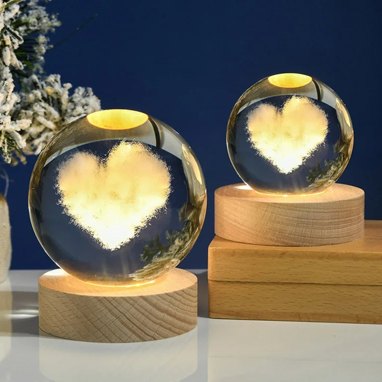 3D Laser Engraved 8cm Glass Crystal Ball Lamp (Heart Cloud)
