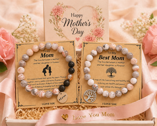 Natural Stone Pink Banded Agate Mother & Daughter Love Bond Bracelet With Gift Card