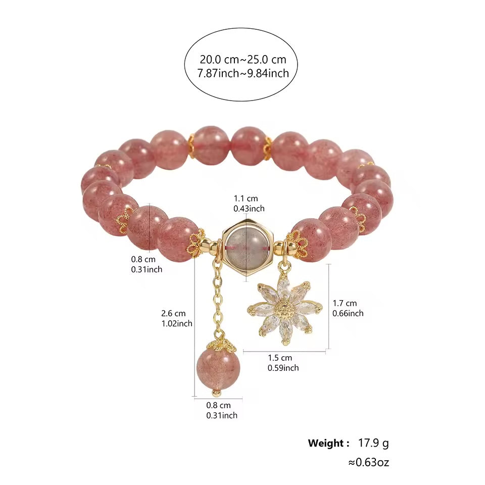 Natural Strawberry Quartz Healing Positive Zircon Flower Charm Bracelet (8mm)