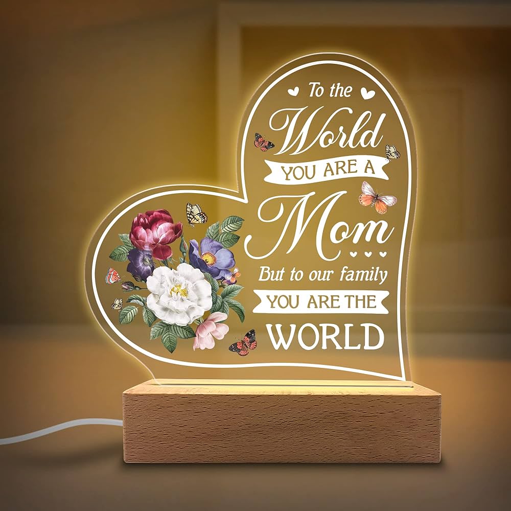 Mother’s Love 3D Acrylic USB Night Lamp with Wooden Base