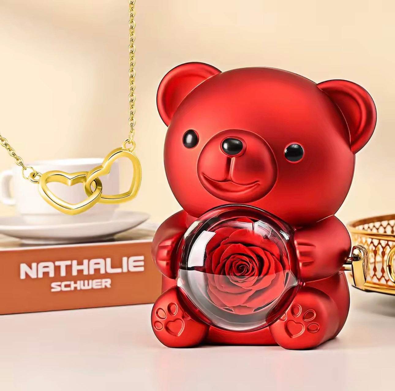 Teddy Bear Eternal Rose Flower Rotating Gift Box