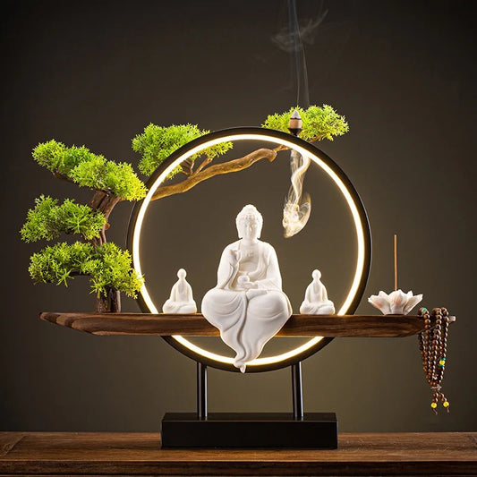 Ceramic Buddha Back-Flow Incense Holder & Ring Light Ornamental Set