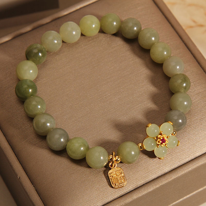 Natural Green Jade Flower Fu Character Lucky Charm Bracelet (8mm)