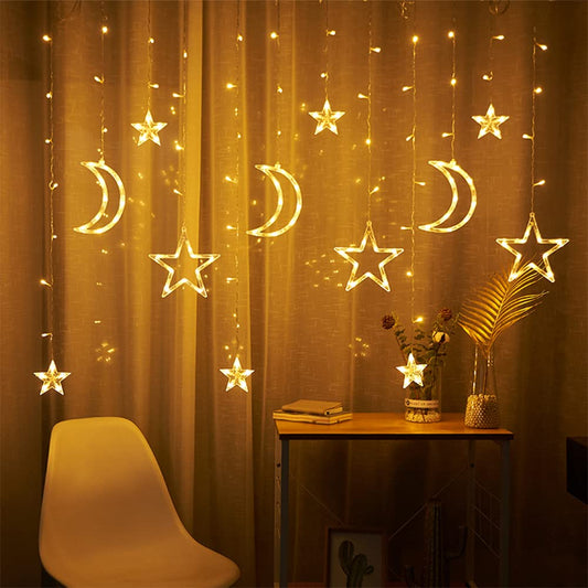 Decorative LED Curtain String Lights – Moon & Stars Design | RGB & Warm Yellow