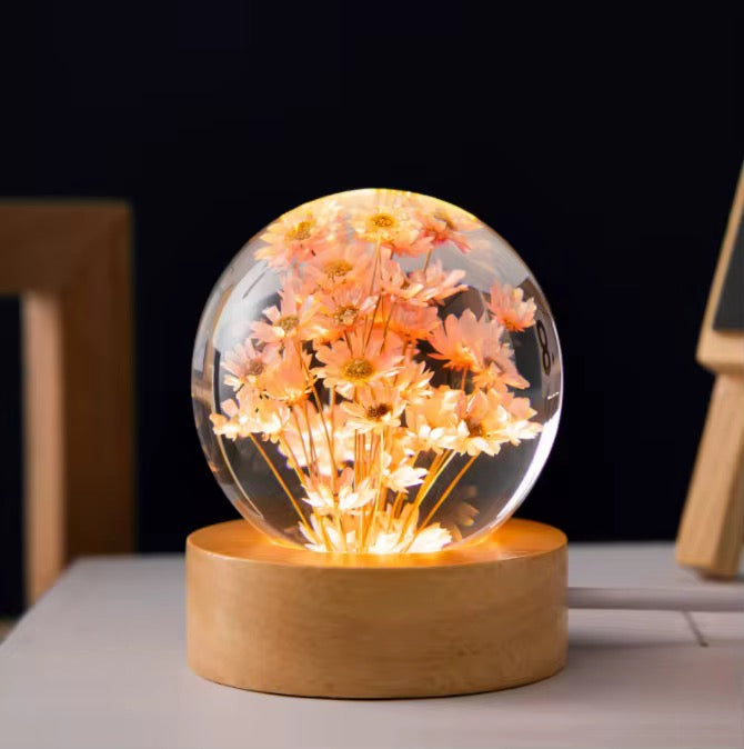 8cm Eternal Flower Sphere Lamp with LED Wooden Light Base, USB (Red & White Daisy)