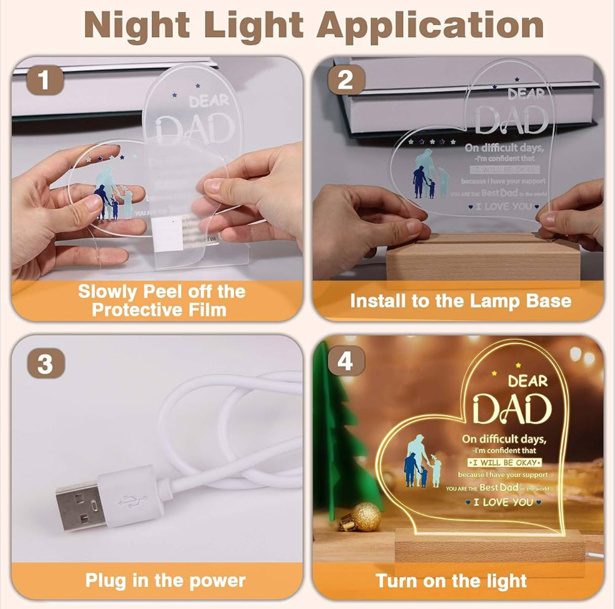 Father’s Love 3D Acrylic Night Lamp With Wooden Base