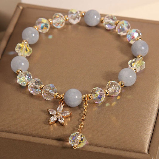 Serenity and Healing Natural Aquamarine Crystal Zircon Flower Bracelet Aquamarine Charm Bracelet (8mm)
