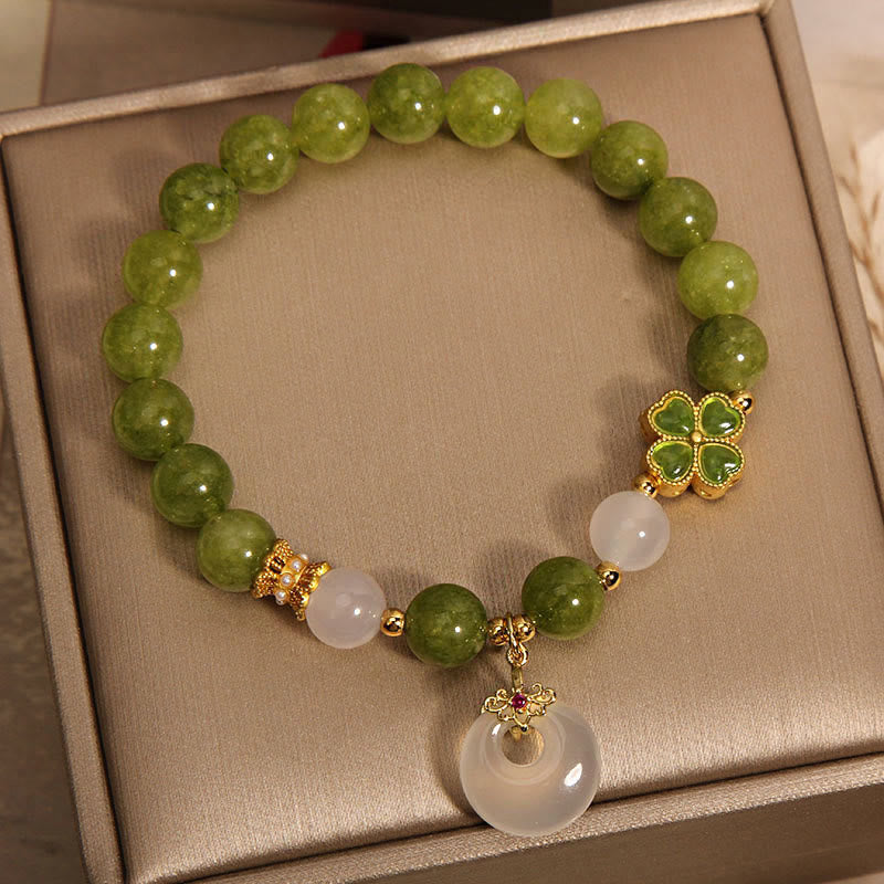 Green Tourmaline Chalcedony Four Leaf Clover Peace Buckle Charm Wisdom Bracelet (8MM)