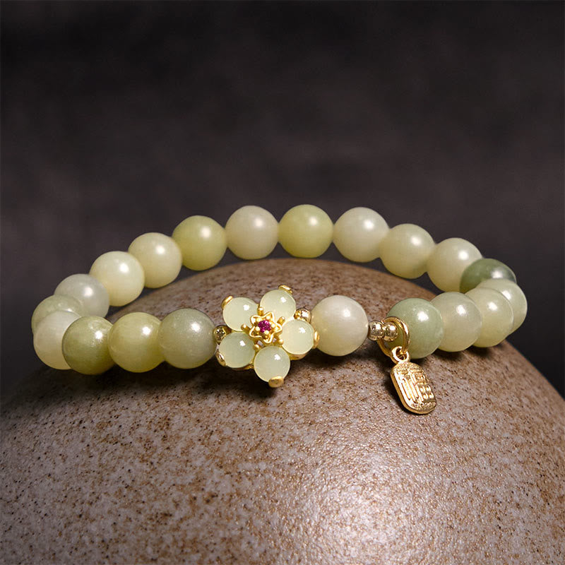 Natural Green Jade Flower Fu Character Lucky Charm Bracelet (8mm)