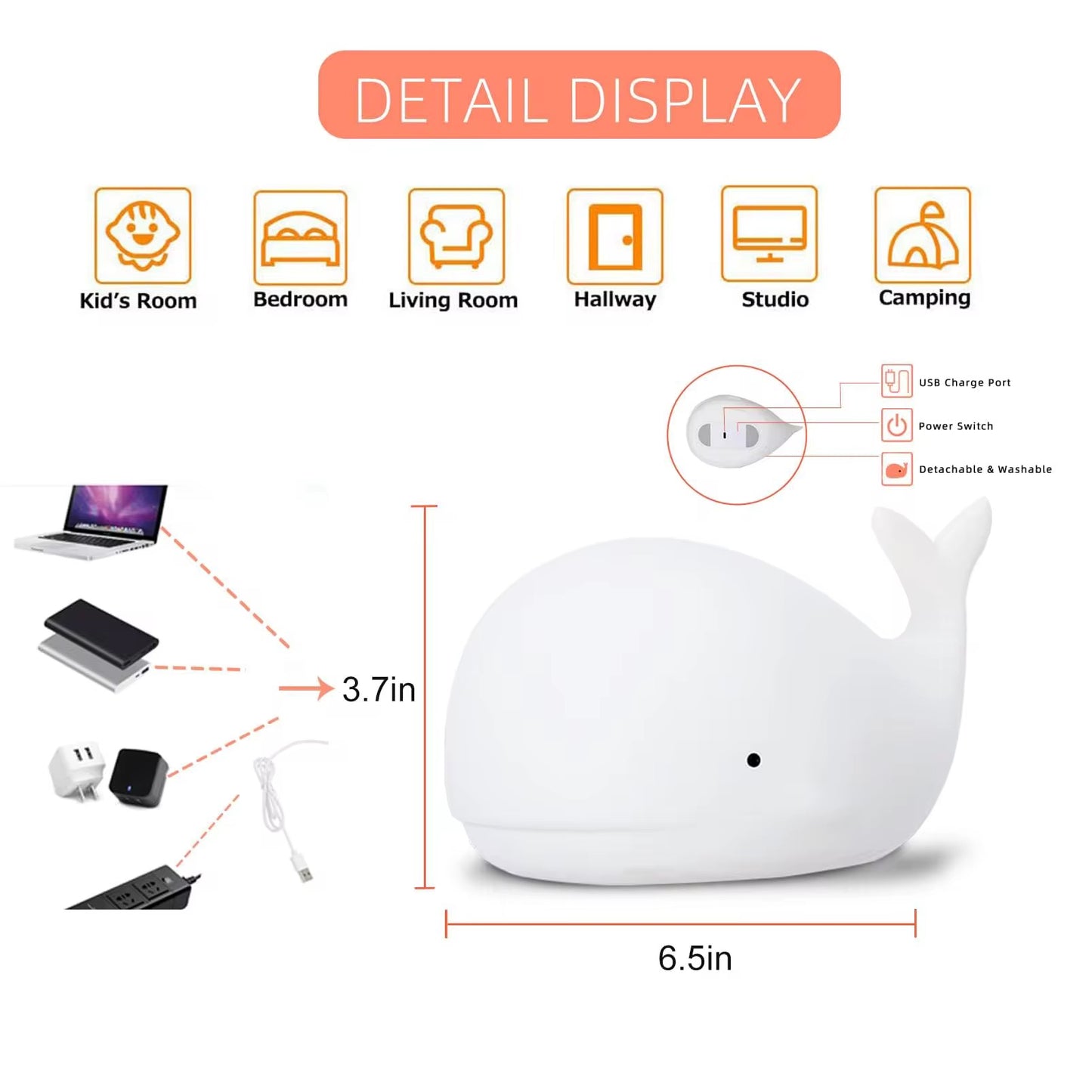 Adorable Squishy Silicone Animal Night Light (Chubby Whale)