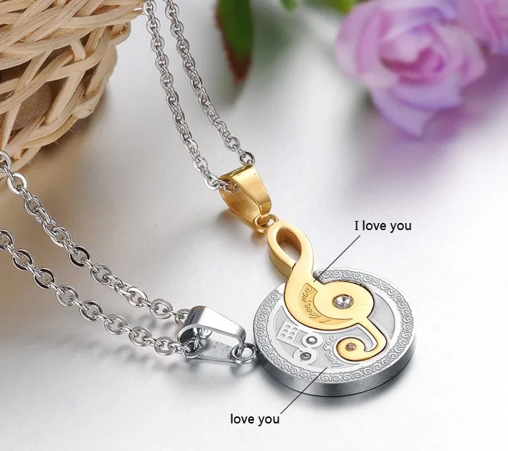 Stainless Steel Couples Music Note Distance Puzzle Necklace