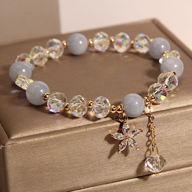 Serenity and Healing Natural Aquamarine Crystal Zircon Flower Bracelet Aquamarine Charm Bracelet (8mm)