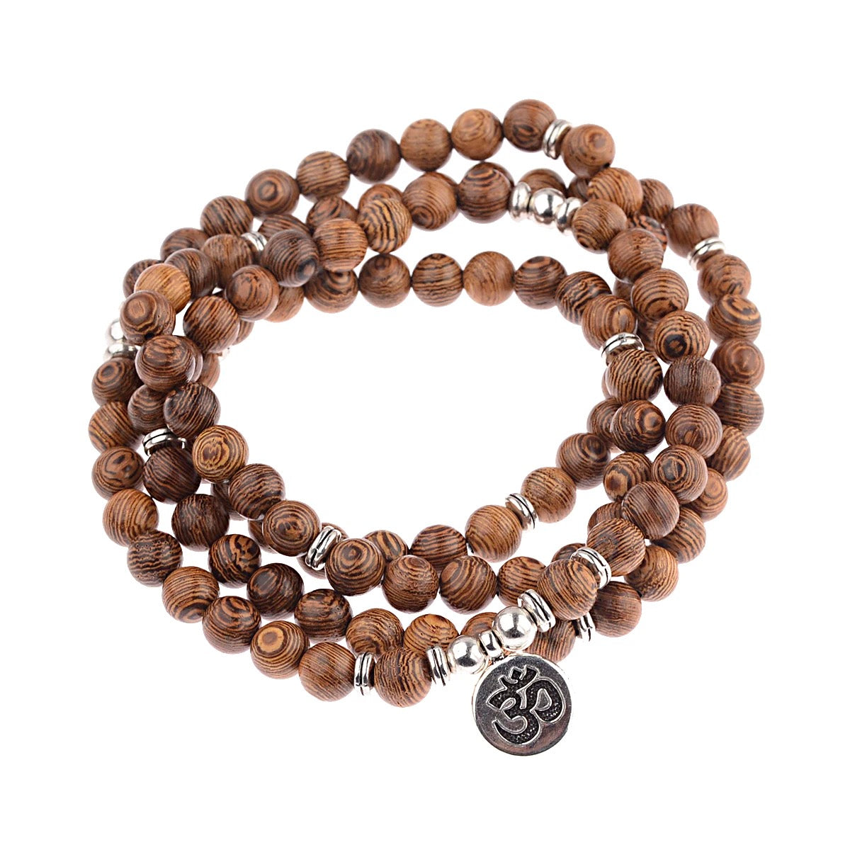 Multilayer Wooden 108 Bead Prayer Mala Necklace + OM Charm (8mm)