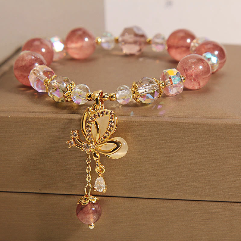 Natural Strawberry Quartz Healing Positive Butterfly Zircon Charm Bracelet (8mm)