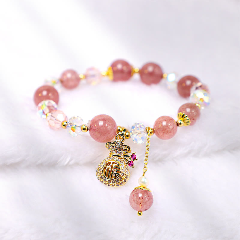 Natural Strawberry Quartz Crystal Money Bag Charm Positive Bracelet (8mm)