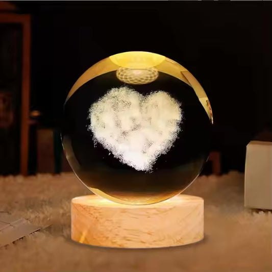 3D Laser Engraved 8cm Glass Crystal Ball Lamp (Heart Cloud)