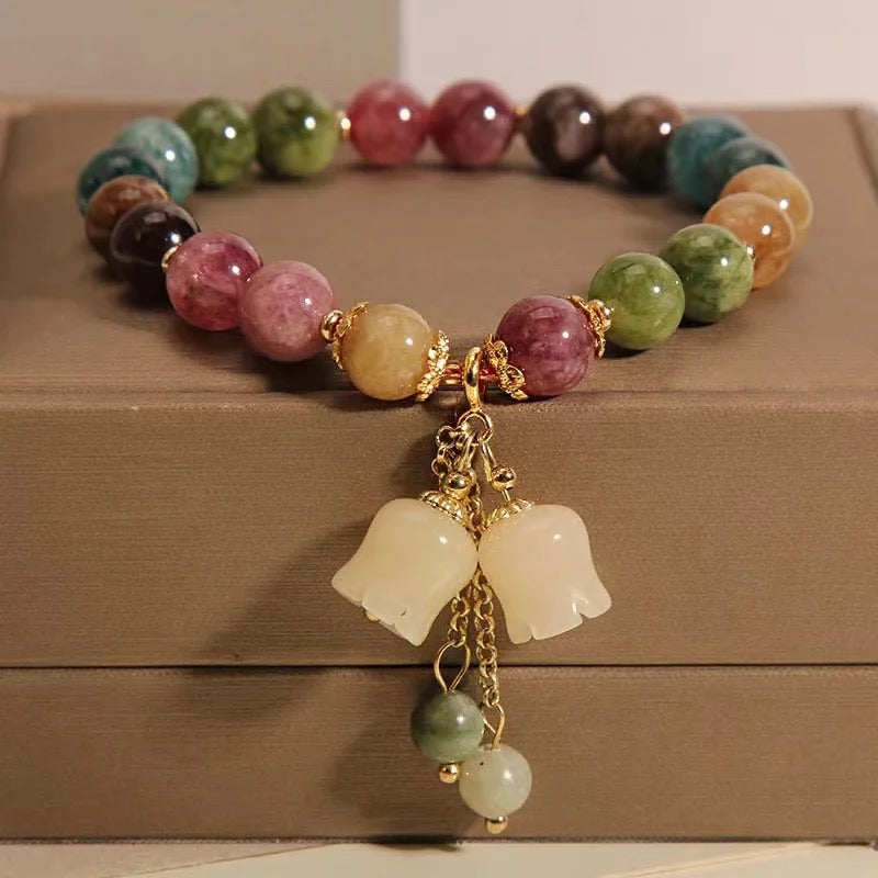 Natural Tourmaline Flower Bead Charm Bracelet (8MM)