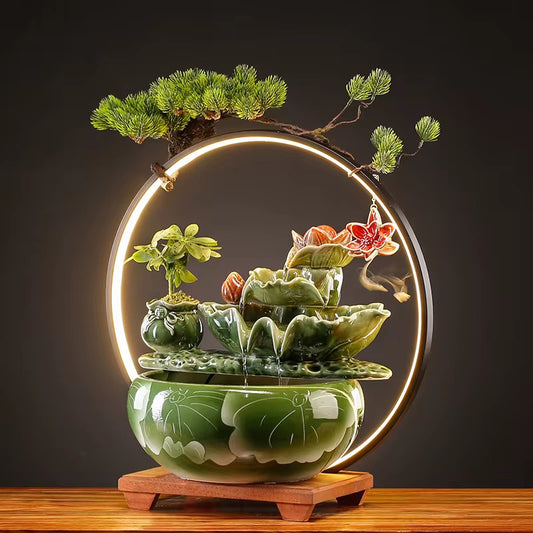 Ceramic Feng Shui Green Lotus Back-Flow Incense Holder & Waterfall Mist Maker with Ring Light Ornamental Set