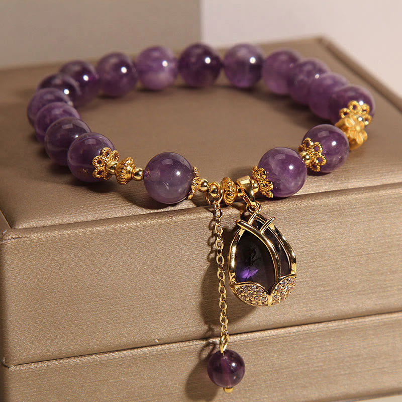 Natural Amethyst Lotus Pud Charm Bracelet (8MM Beads)