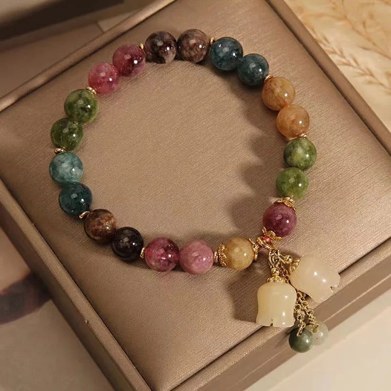 Natural Tourmaline Flower Bead Charm Bracelet (8MM)
