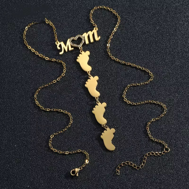 Customizable Stainless Steel MOM & Children Design Feet Engraving Necklace