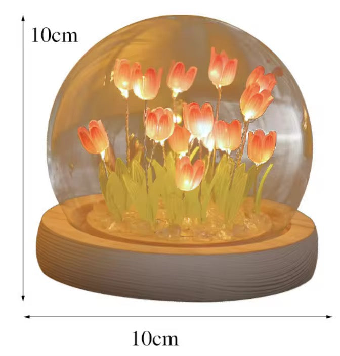 Romantic Tulip Lamp With Wooden Base & Glass Dome - Battery Powered