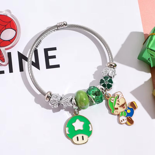 Stainless Steel Mario & Luigi Mushroom Charm Bracelet