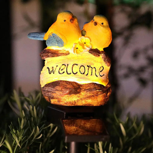 Solar Birds âWelcomeâ Sign Garden Lamp