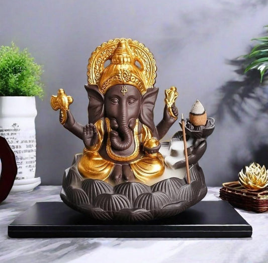 Ceramic Lord Ganesh Back Flow Incense Holder + 10 Free Incense Cones