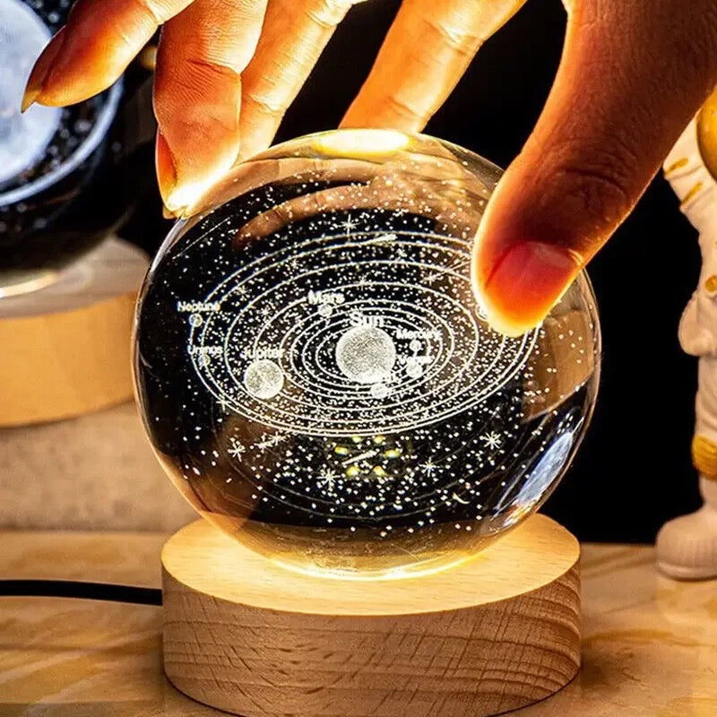 8cm 3D Laser Engraved Glass Crystal Ball Lamp Universe Astronomy Decor (Solar System)