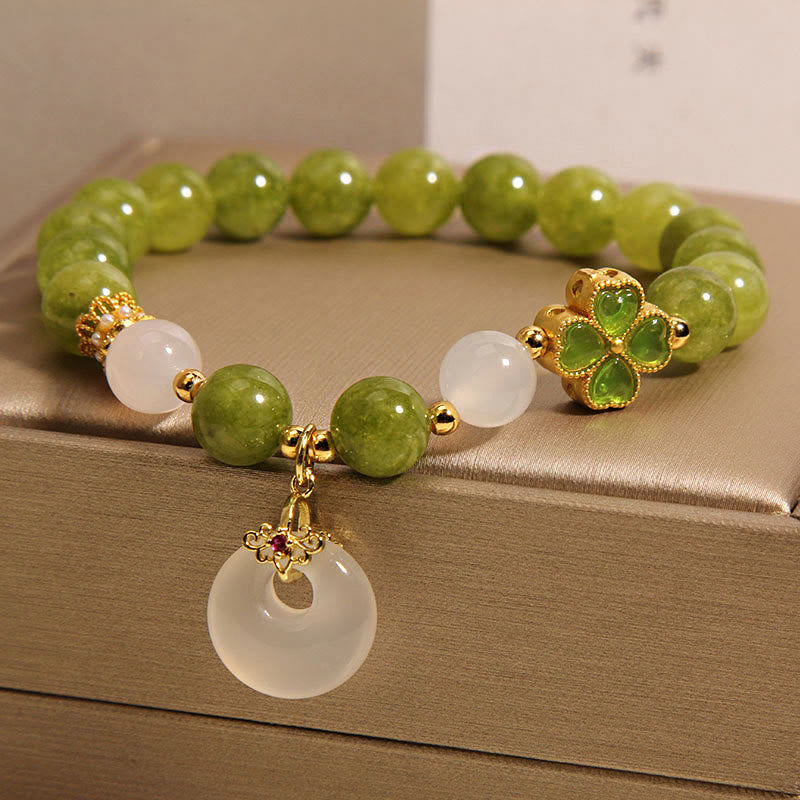 Green Tourmaline Chalcedony Four Leaf Clover Peace Buckle Charm Wisdom Bracelet (8MM)