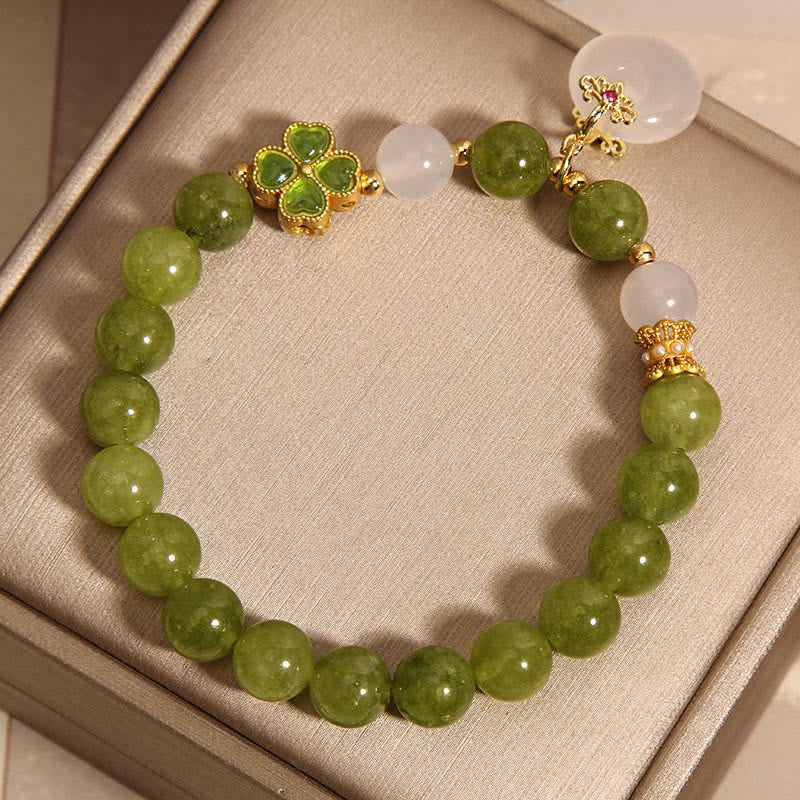Green Tourmaline Chalcedony Four Leaf Clover Peace Buckle Charm Wisdom Bracelet (8MM)