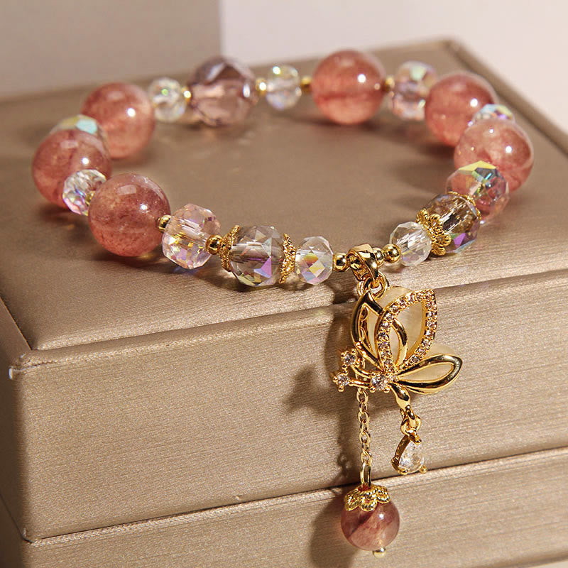 Natural Strawberry Quartz Healing Positive Butterfly Zircon Charm Bracelet (8mm)