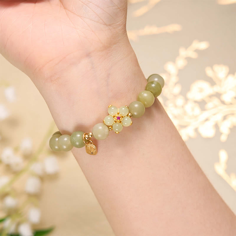 Natural Green Jade Flower Fu Character Lucky Charm Bracelet (8mm)