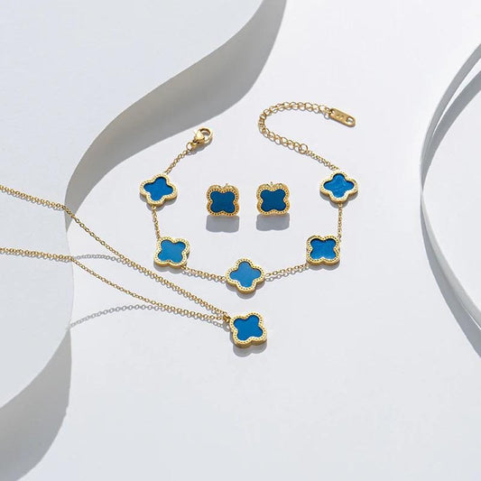 High Quality Stainless Steel Van Cleef Inspired Clover 3pc Set (Blue)