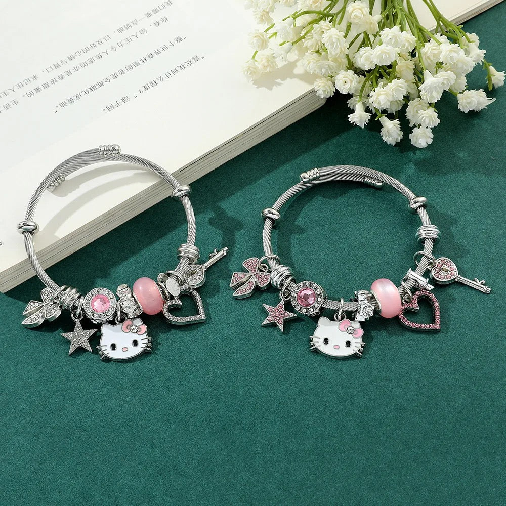 Stainless Steel Hello Kitty Pink Zircon Charm Bracelet