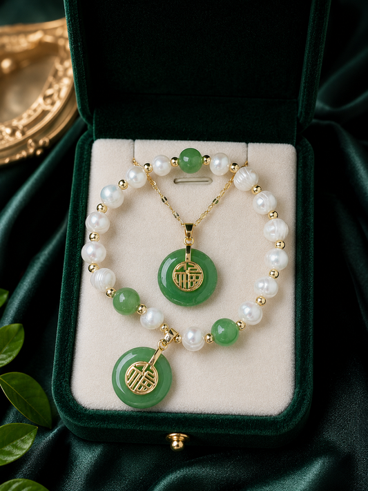 Chinese-Style Fresh Water Pearl Lucky Blessings Jade 2pc Set