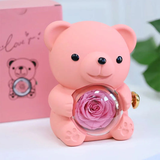 Teddy Bear Eternal Rose Flower Rotating Gift Box