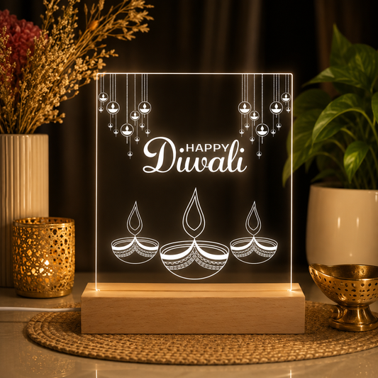 ‘Happy Diwali’ 3D Acrylic Night Lamp With Wooden Base