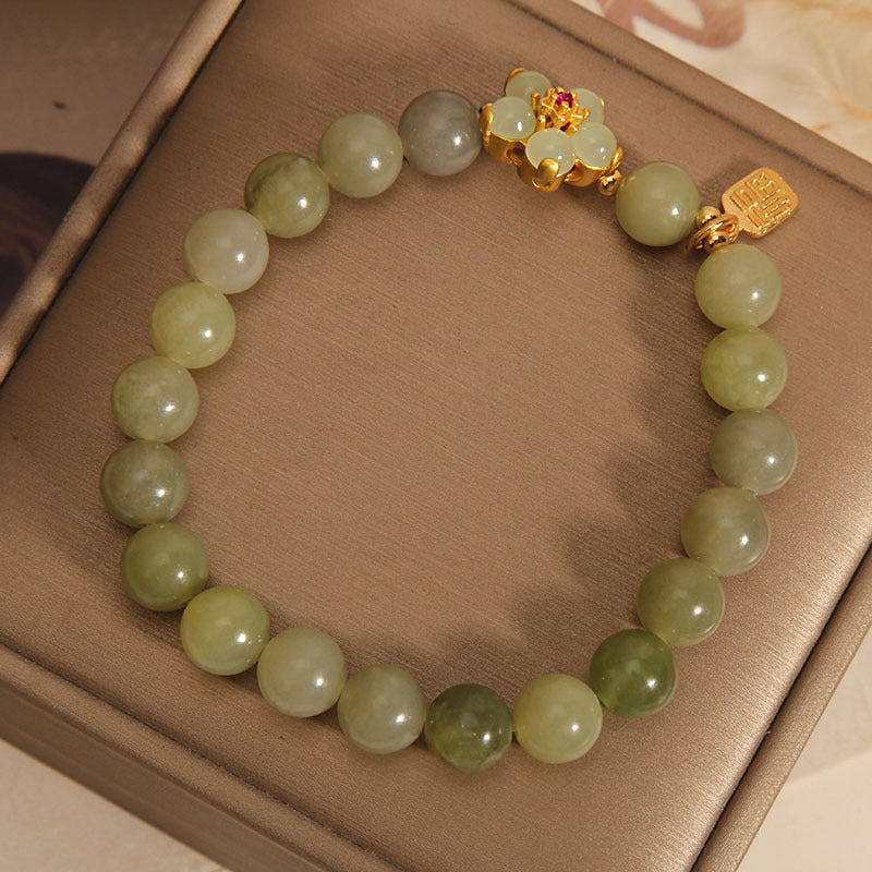 Natural Green Jade Flower Fu Character Lucky Charm Bracelet (8mm)