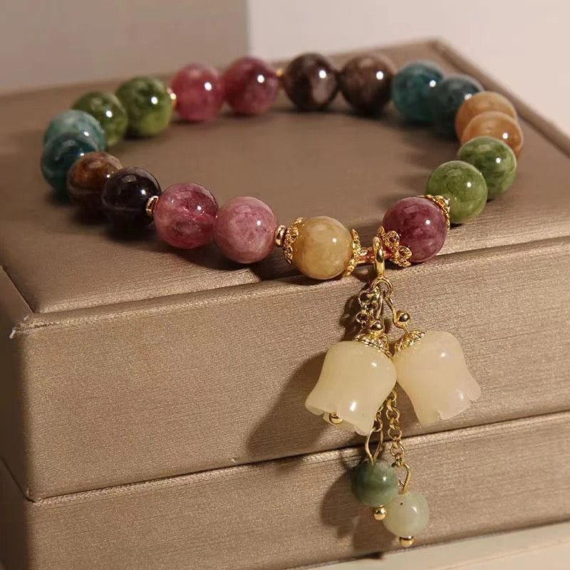 Natural Tourmaline Flower Bead Charm Bracelet (8MM)