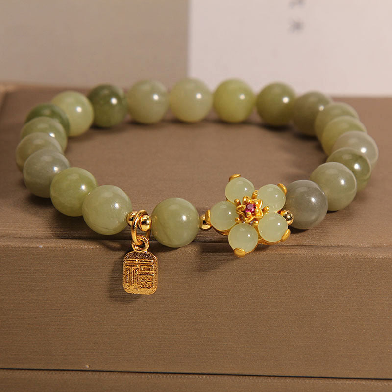 Natural Green Jade Flower Fu Character Lucky Charm Bracelet (8mm)
