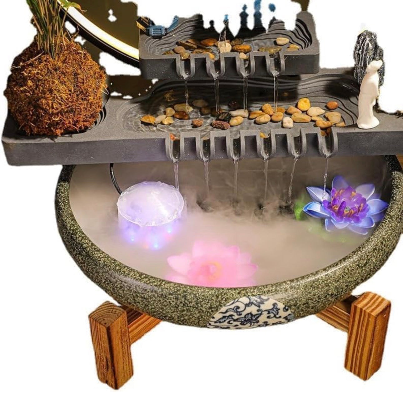 Feng Shui Teapot Back-Flow Incense Holder & Waterfall Mist Maker with Ring Light Ornamental Set