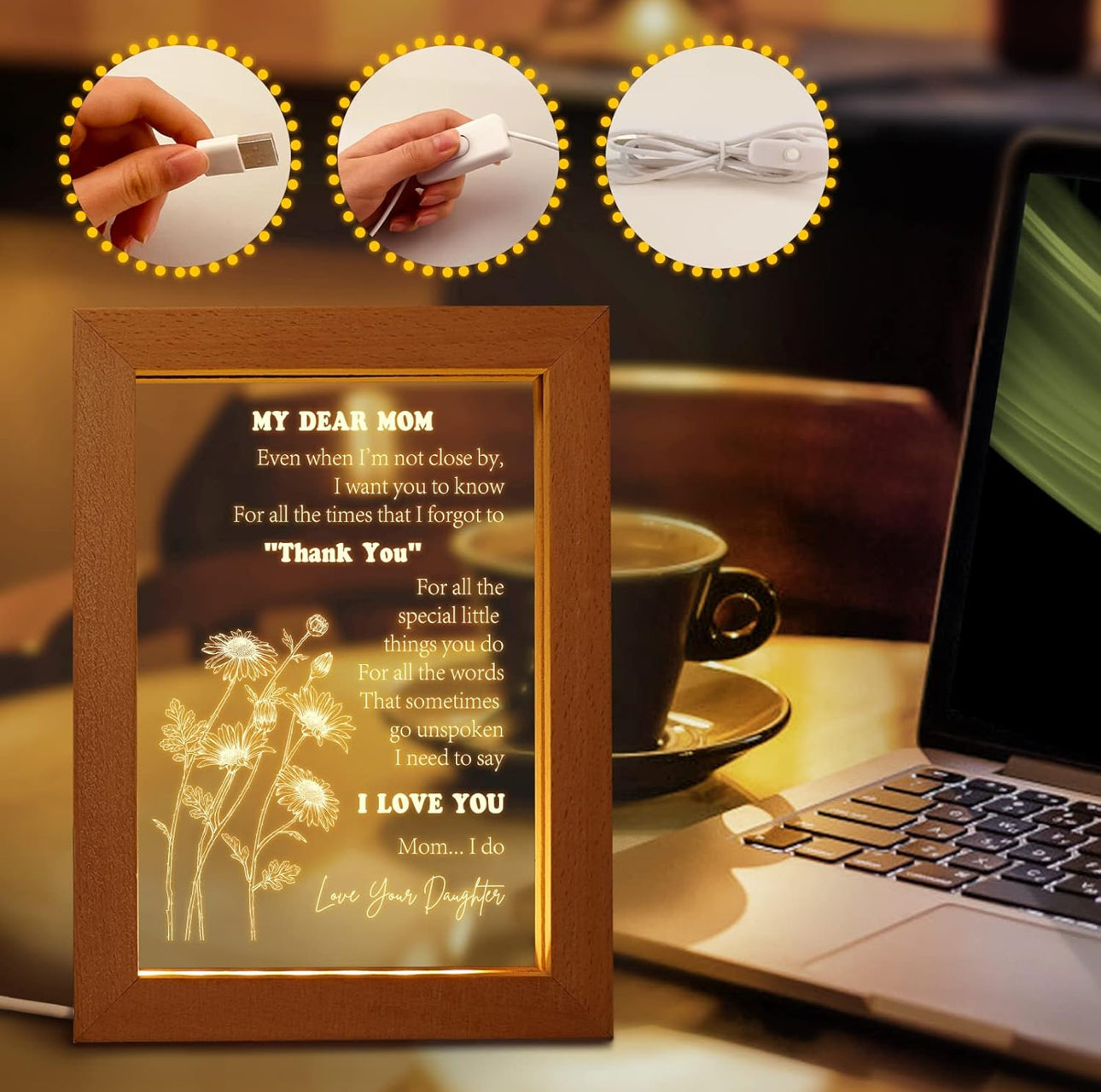 Mother & Daughter Love Bond 3D Acrylic USB Night Lamp With Wooden Frame