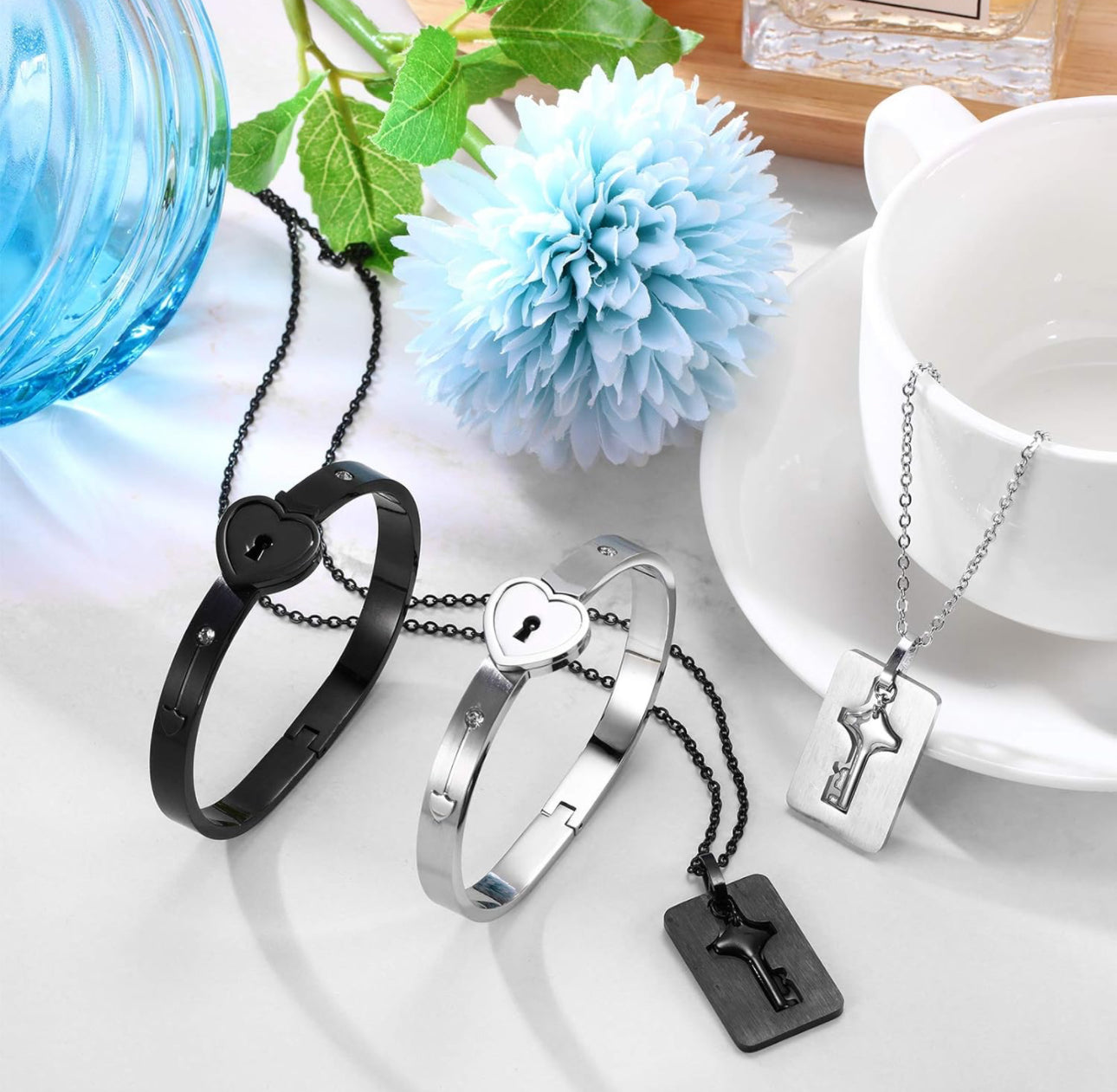 Stainless Steel Couples Lock Bracelet & Key Necklace Set.