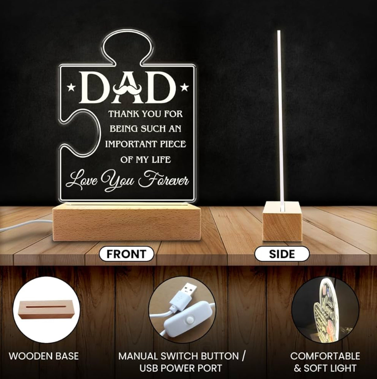 Father’s Love 3D Acrylic Night Lamp With Wooden Base - Puzzle Design